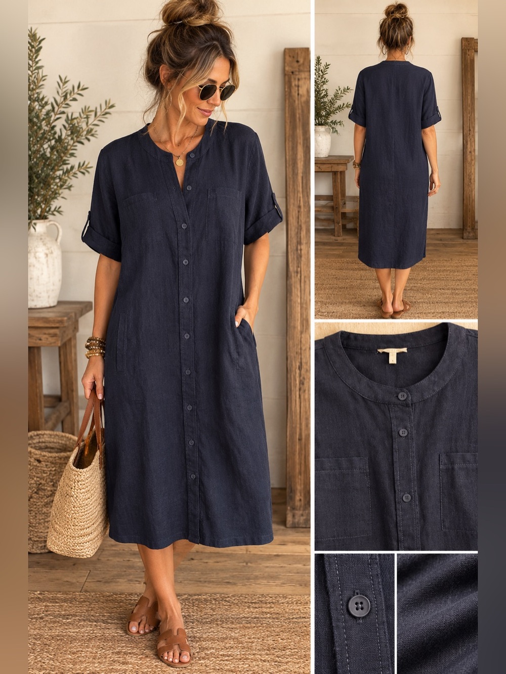 Eileen Fisher 100% Organic Linen Short Sleeve Button Front Shirtdress Dark Navy